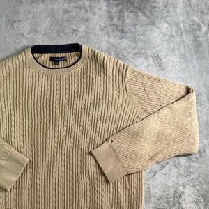 VTG Tommy Hilfiger Cable Knit Crewneck Sweater Mens XL Tan Beige 90's Pullover